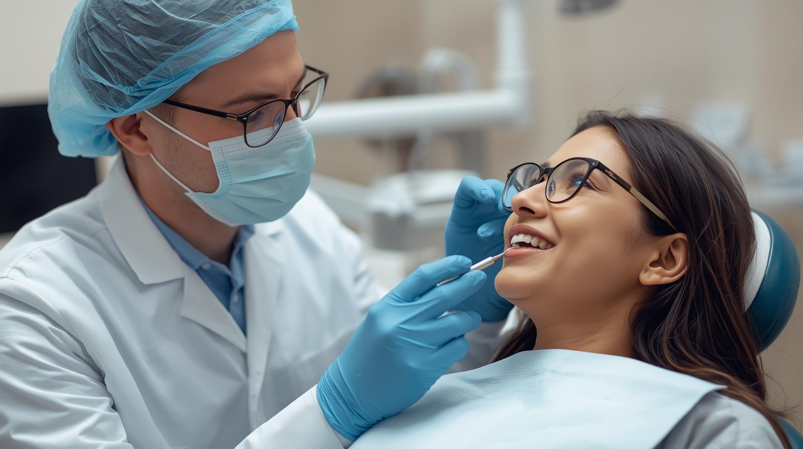 dentist working on patient, both with glasses the dentist with covered hair and gloves (1)