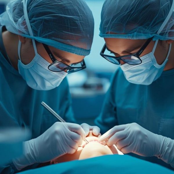 photos of 2 dentists working on a woman, both with glasses the dentist with covered hair and gloves and the bodysuits for operation