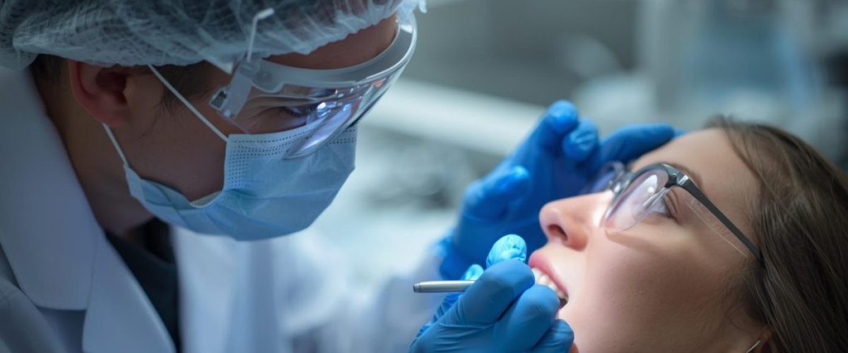 photos of dentists working on patient, both with glasses the dentist with covered hair and gloves