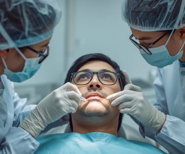 photos of different dentists working on patient, both with glasses the dentist with covered hair and gloves