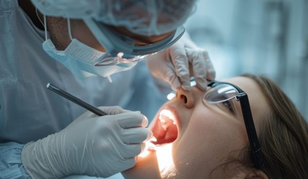tooth extraction, doctor and patient wearing dental glasses, dentist with gloves and hair wrapped well (1)