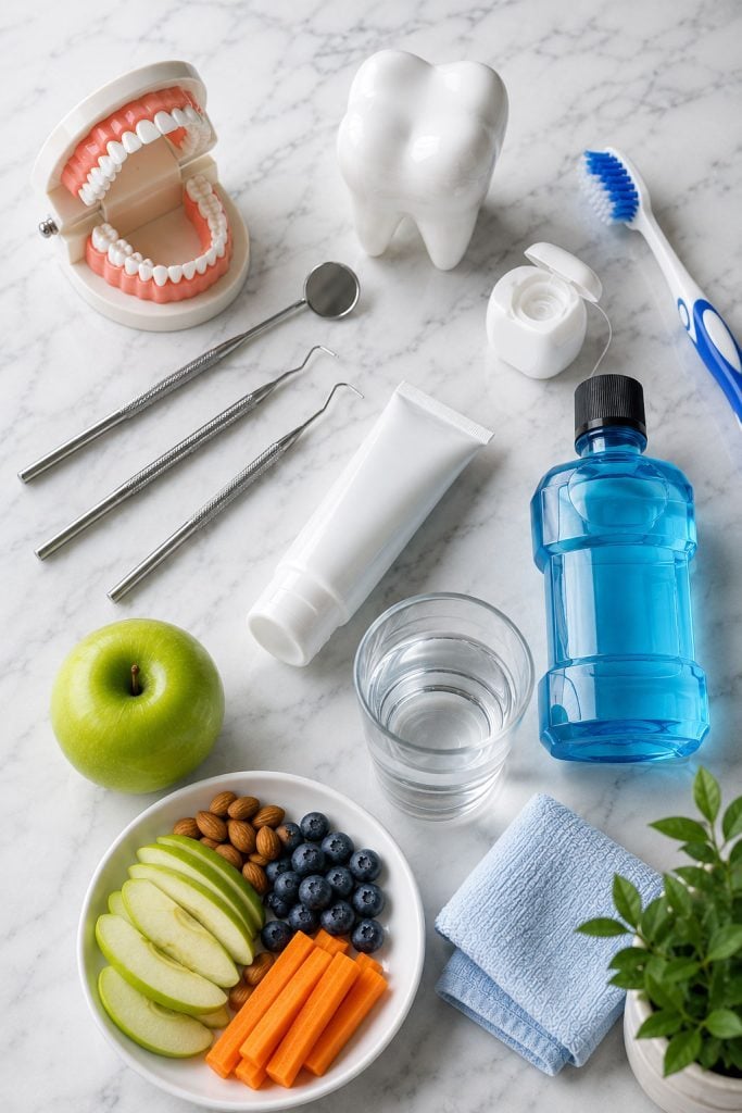 A dental model, toothbrush, floss and mouthwash laid out beside fresh fruit and vegetables
