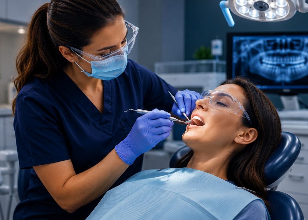 Hygienist carrying out a routine cleaning on a patient